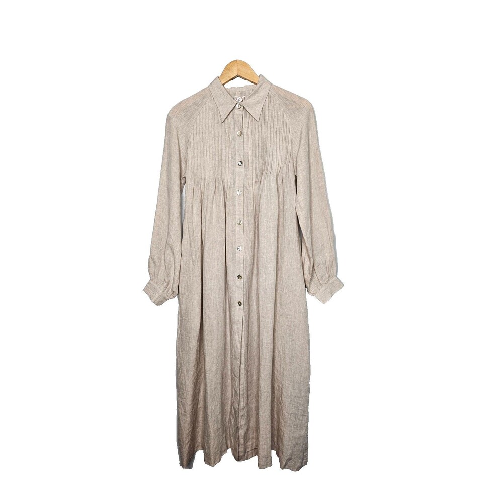 LINENNAIVE Monica 17 Dress XS Beige Pleats Button Up Prairie Cottagecore No Vest